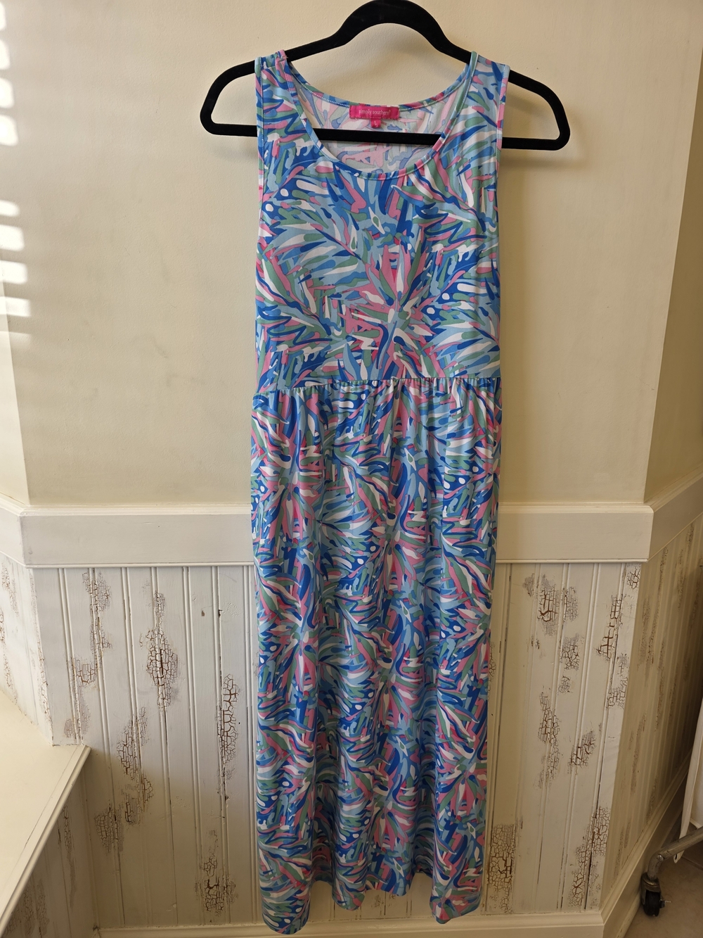 Simply Southern Colorful Tropical Maxi Dress in Blue, Pink & White